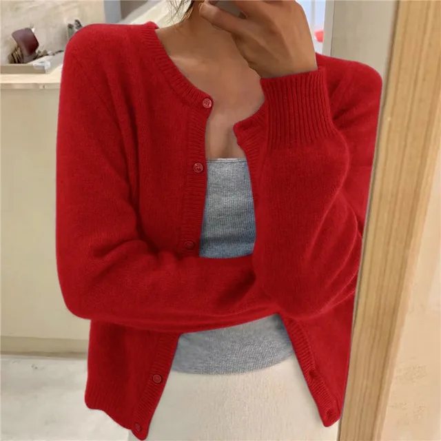 Women's relaxed button front knit cardigan with long sleeves and ribbed trims