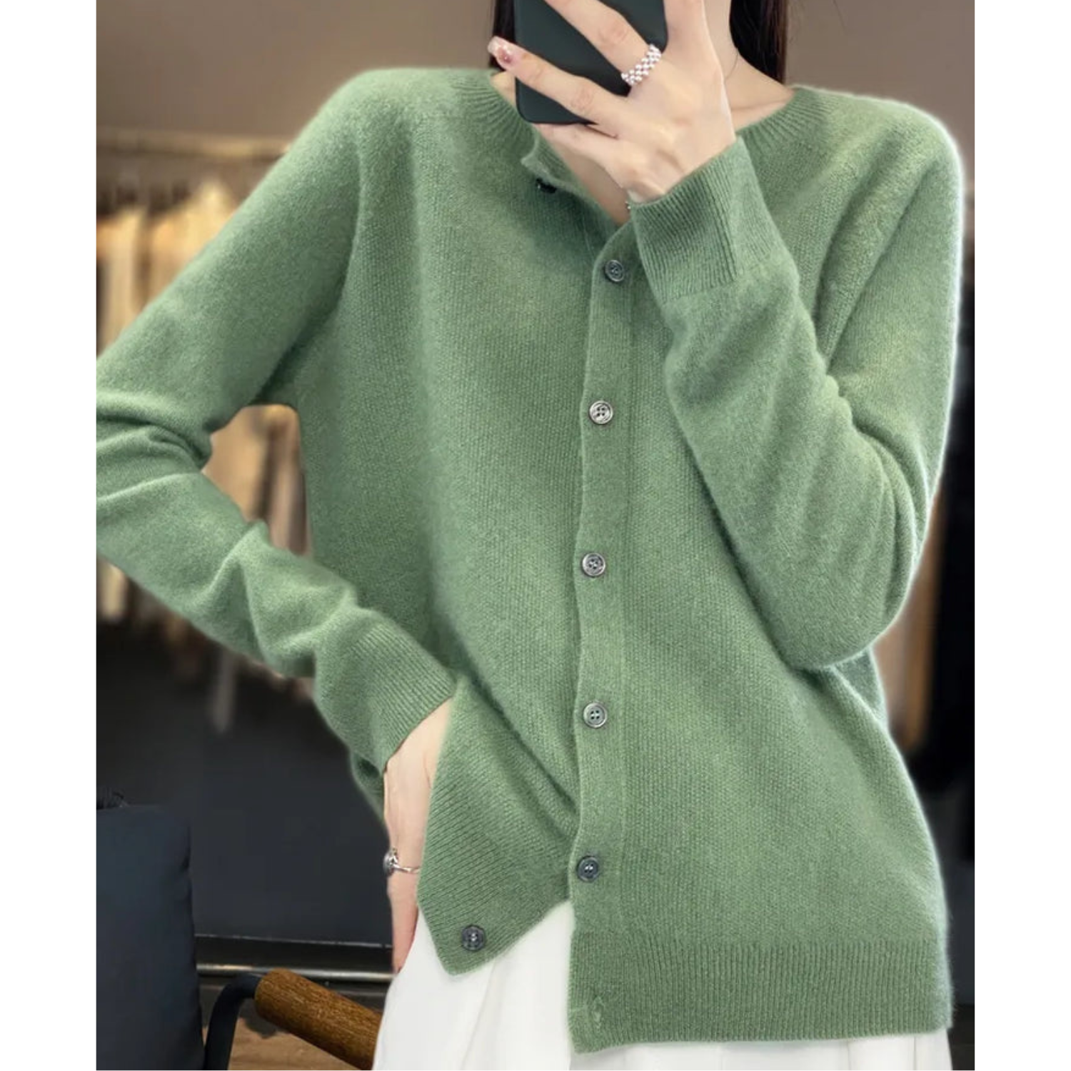Women's Cardigan Merino Wool V-Neck Long Sleeve - Light Green