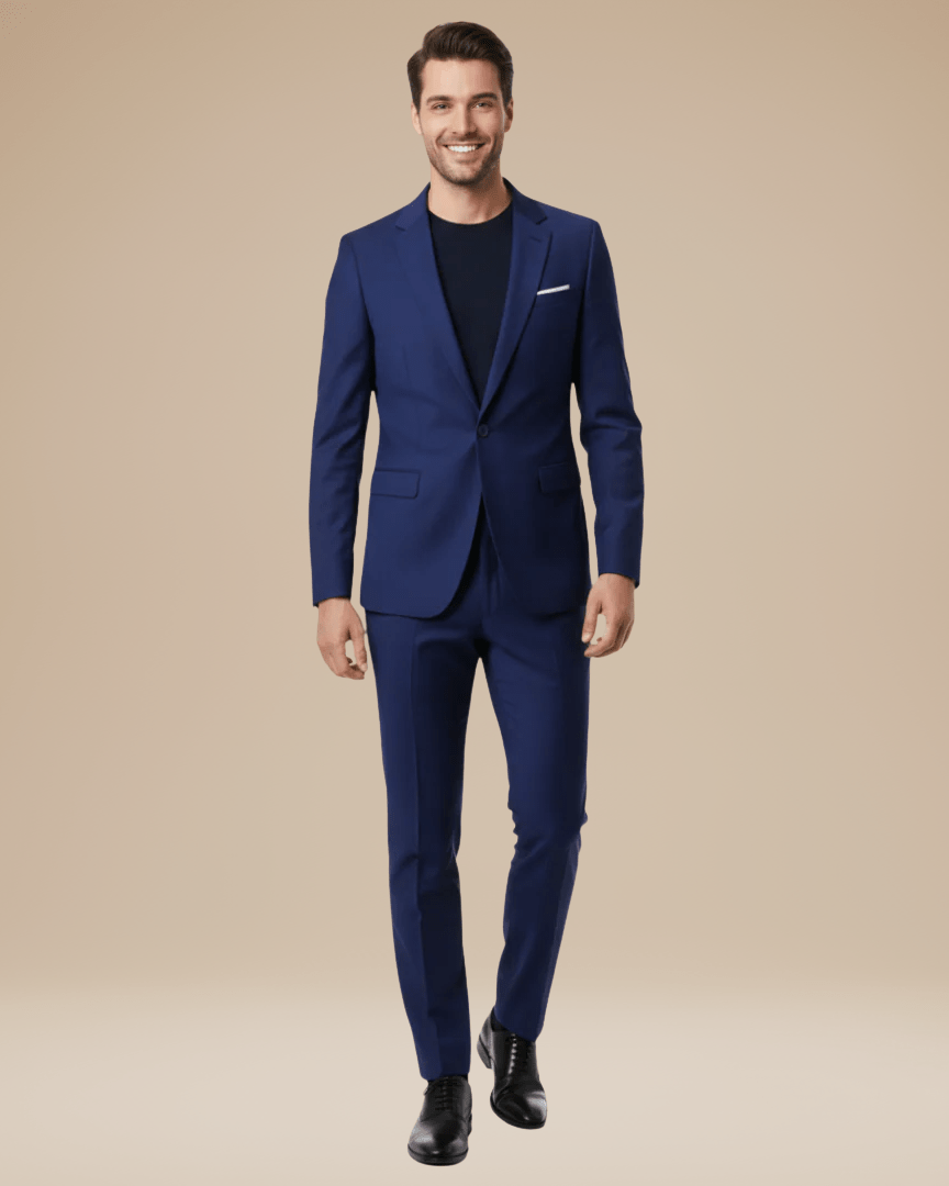 Men's two-piece suit with notched lapel blazer and matching trousers