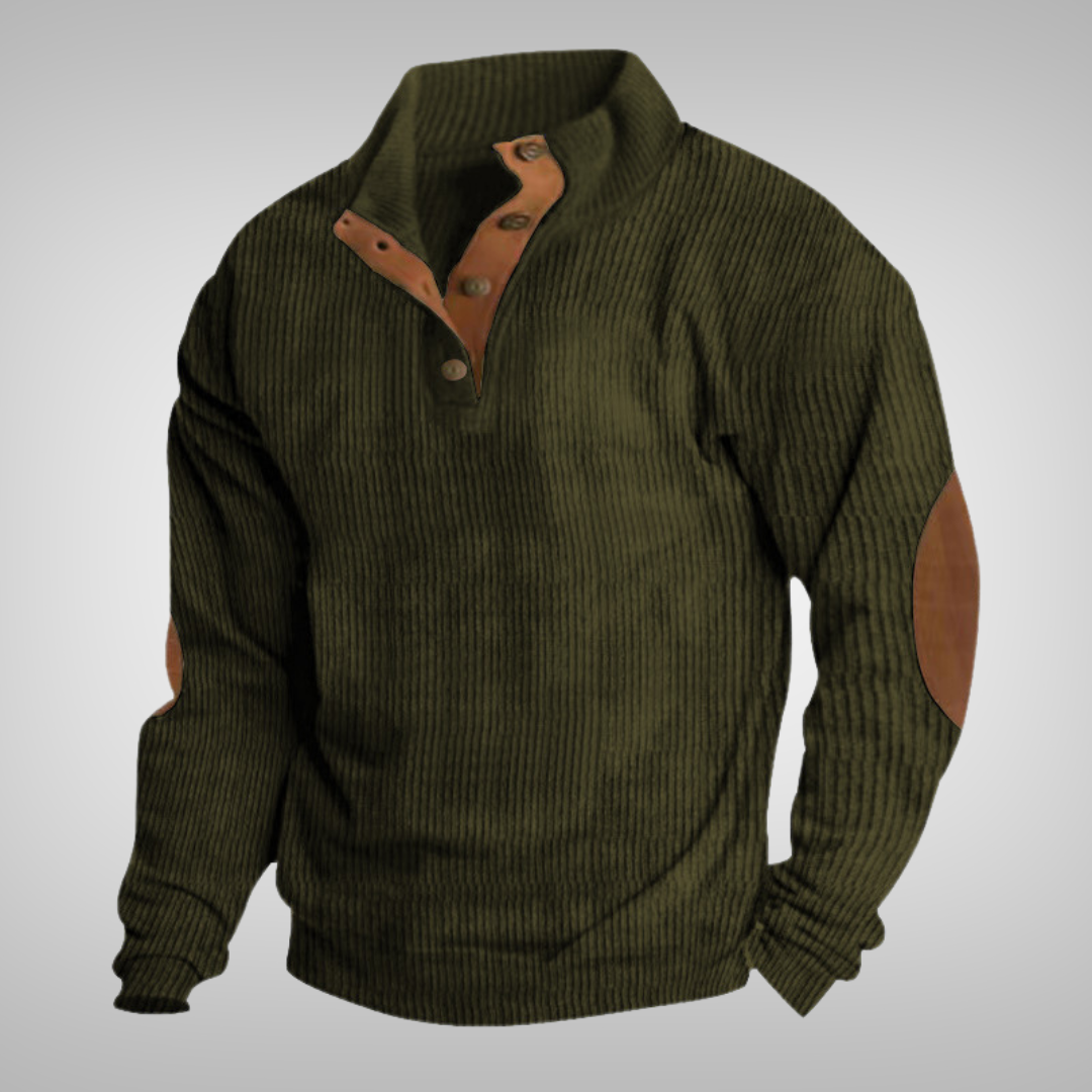 Men's ribbed jumper with stand collar, button neck and brown elbow patches