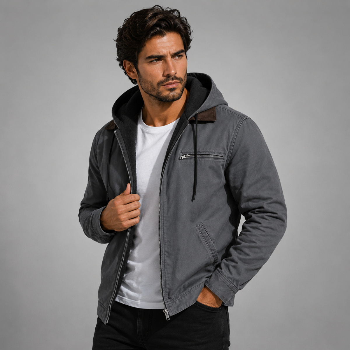 Men's hooded fleece-lined jacket with zip fastening, chest pocket and ribbed trims
