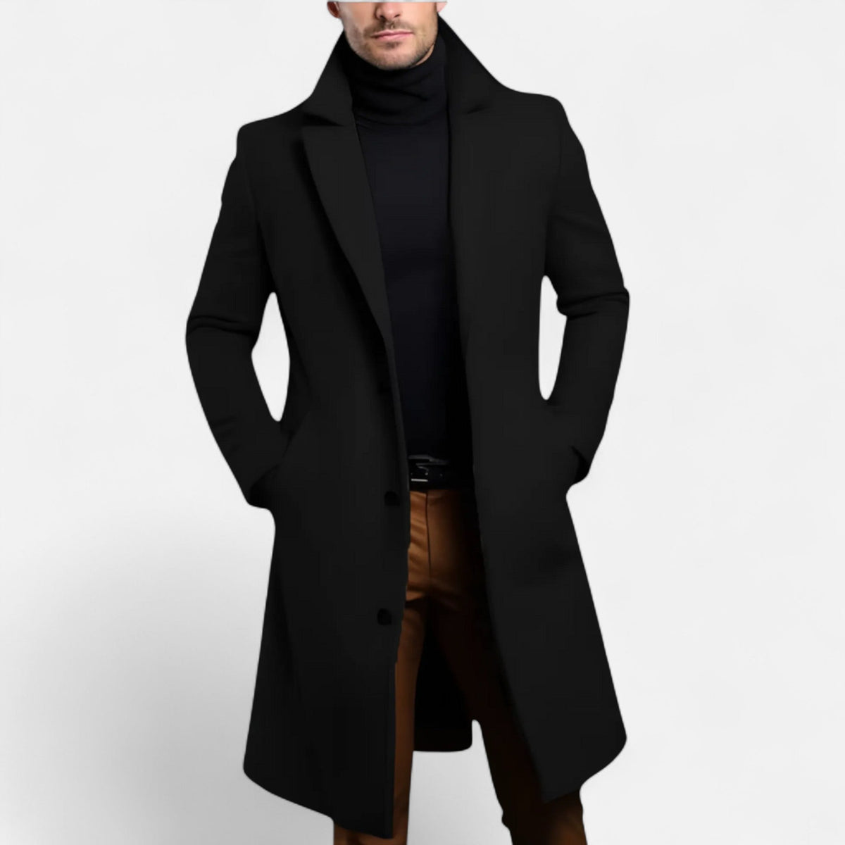 Men's long overcoat with lapels, button front and side pockets