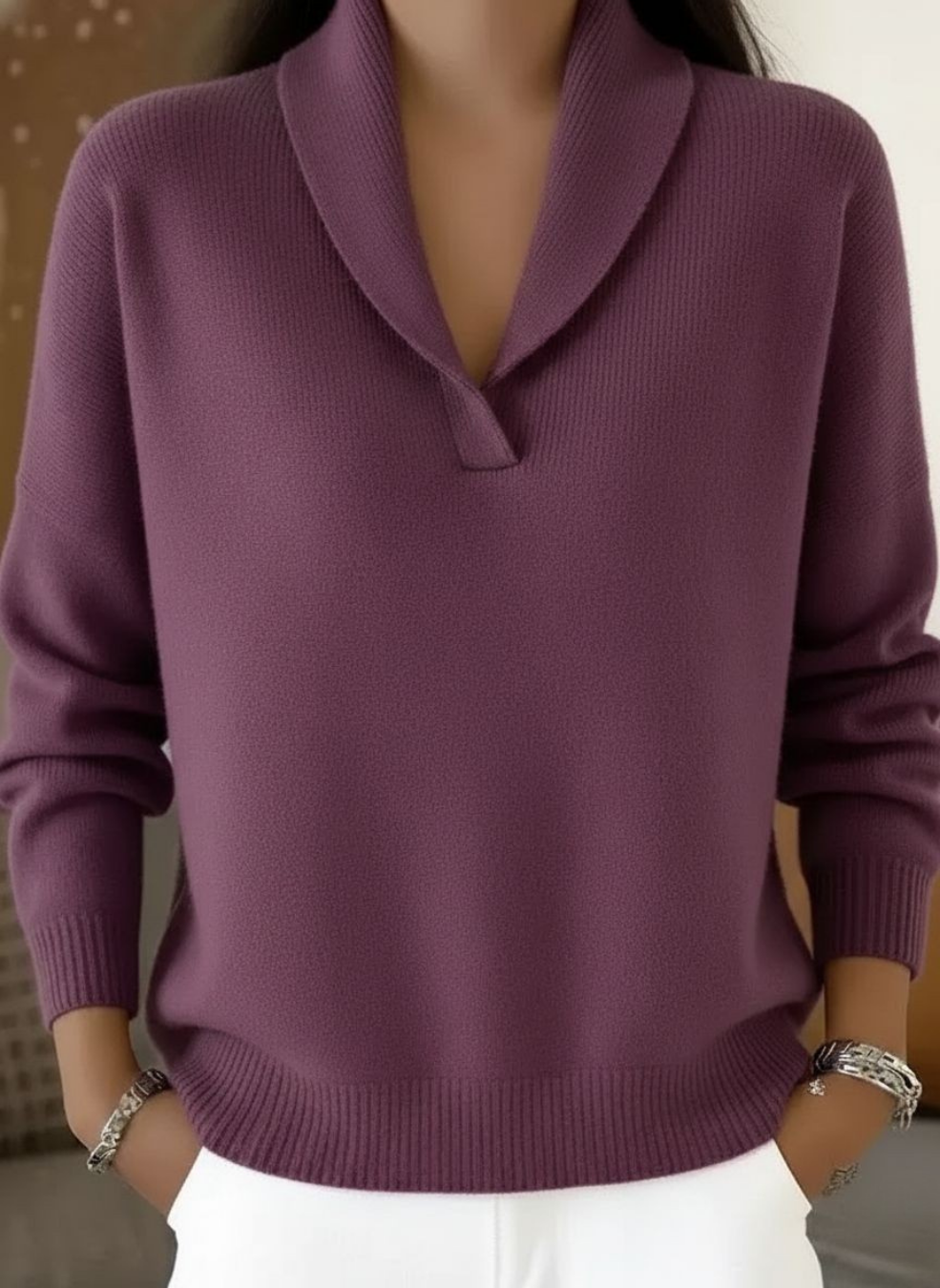 Women's relaxed ribbed V-neck knit jumper with long sleeves and ribbed trims