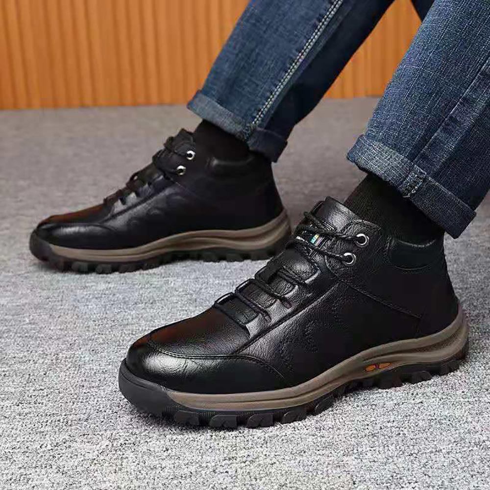 Men's Walking Shoes Leather Lace-Up Chunky Sole - Black