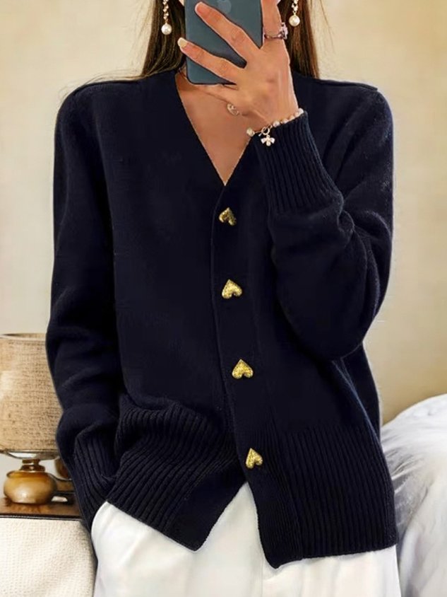 Women's V-neck cardigan with long sleeves and gold heart buttons