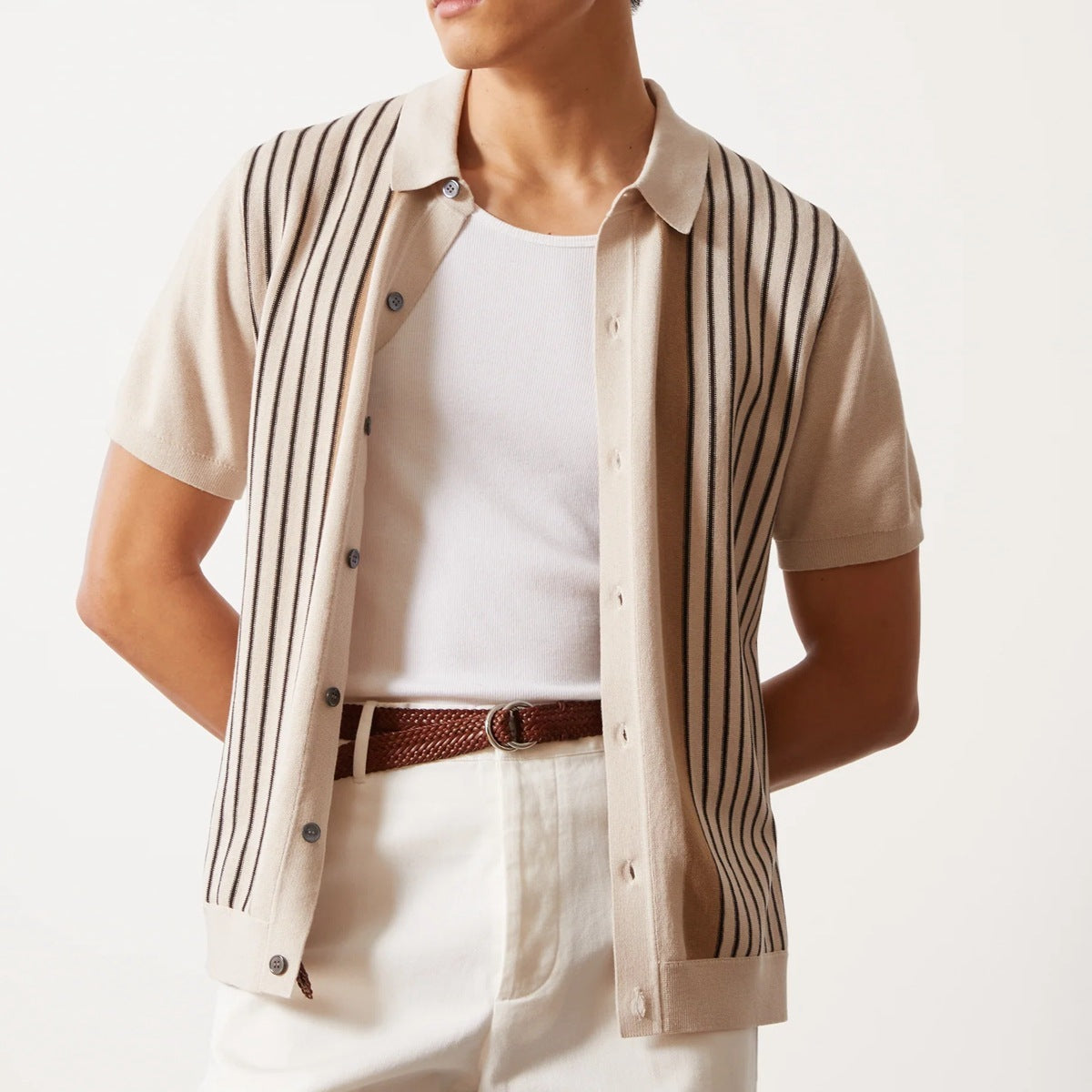 Men's beige knitted polo cardigan with vertical stripes and short sleeves