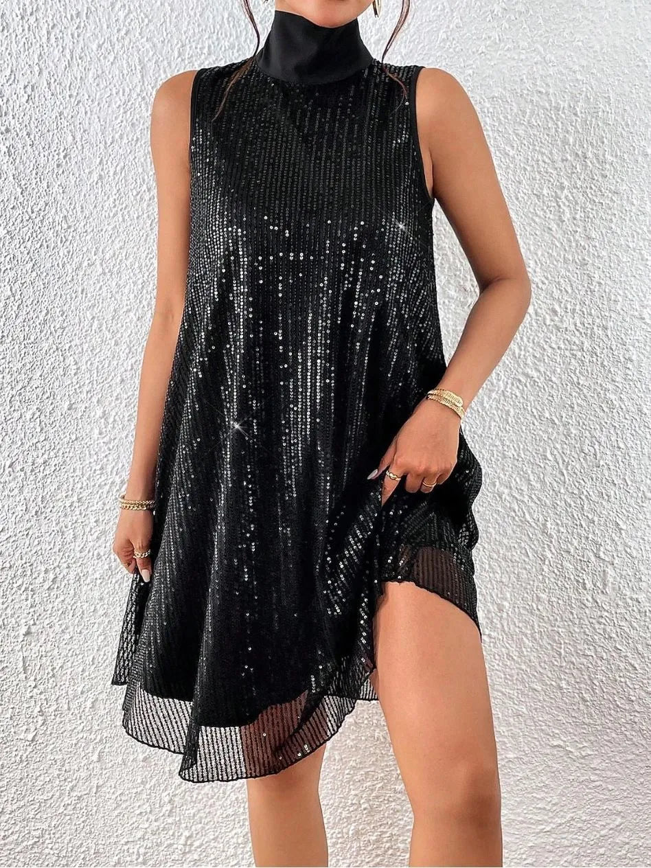 Women's sleeveless sequin mini dress with mock neckline and A-line shape