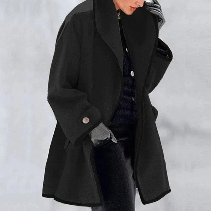 Women's contrast trim coat with wide lapel collar and long sleeves