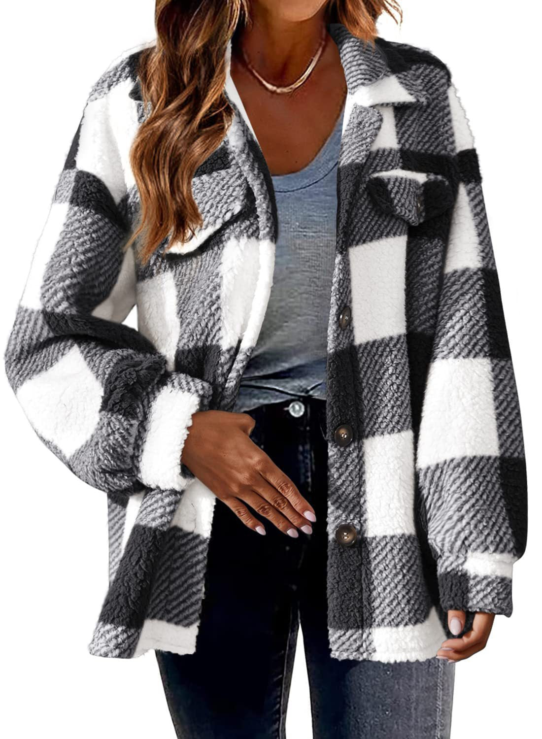 Women's checked textured shirt jacket with long sleeves, button front and chest pockets