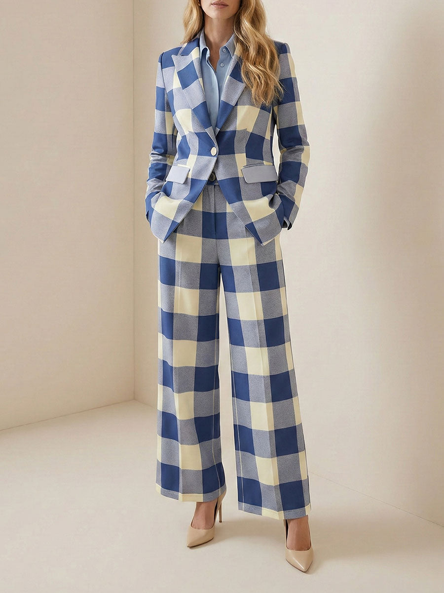 Women's blue checked plaid blazer with notched collar, button fastening and flap pockets