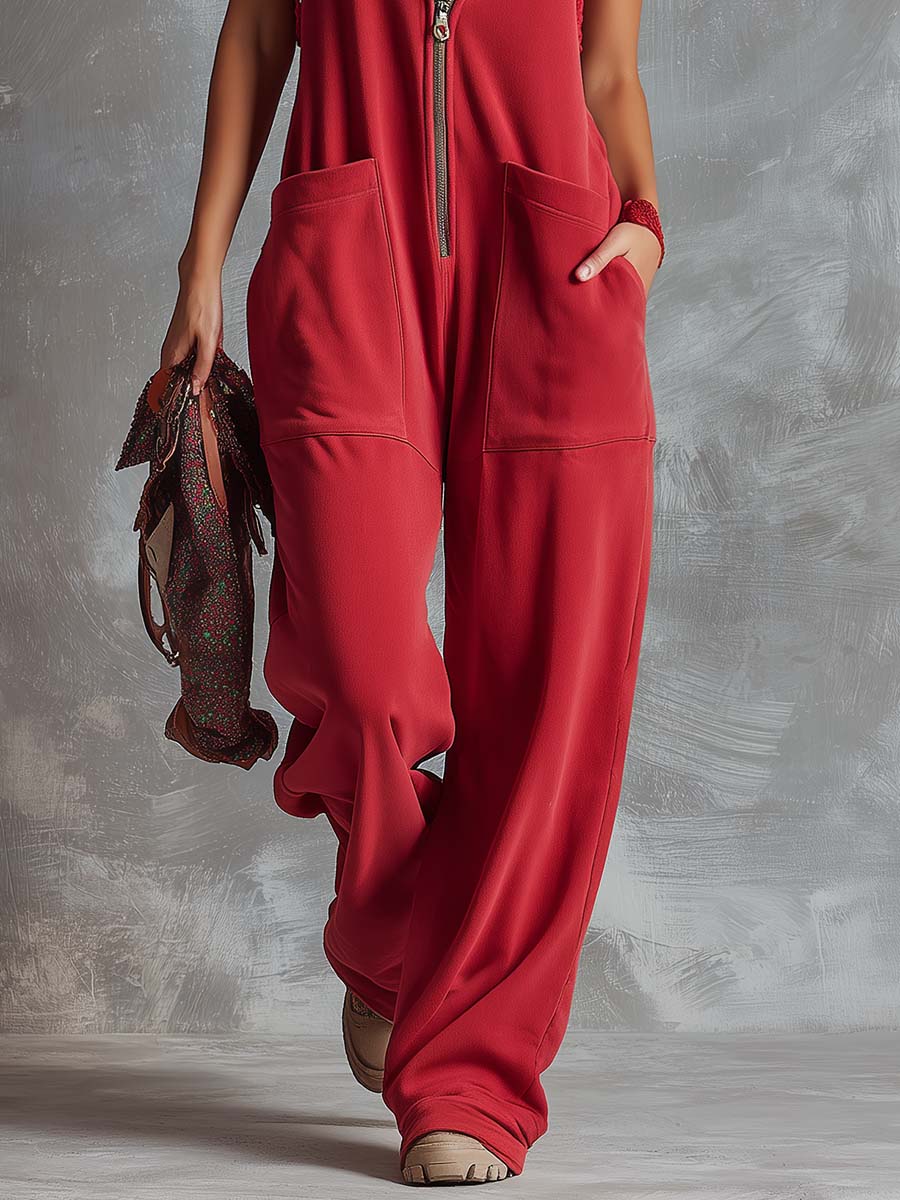 Women's Zip Jumpsuit Hooded Sleeveless Relaxed Fit Utility