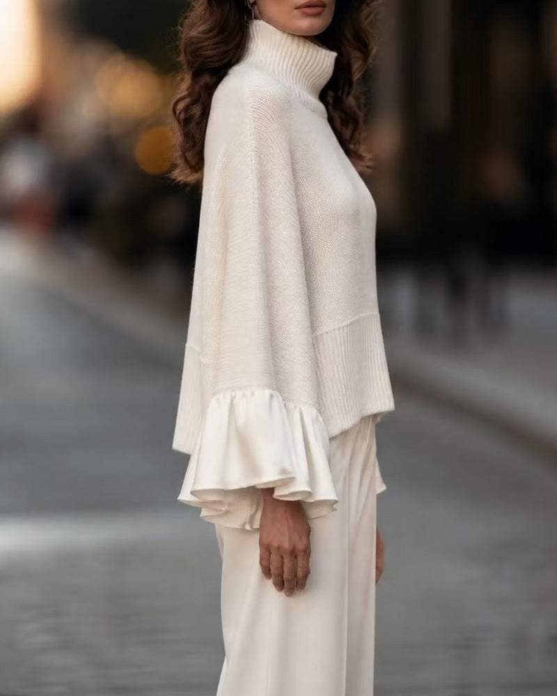 Women's beige turtleneck jumper with long sleeves and layered ruffle cuffs