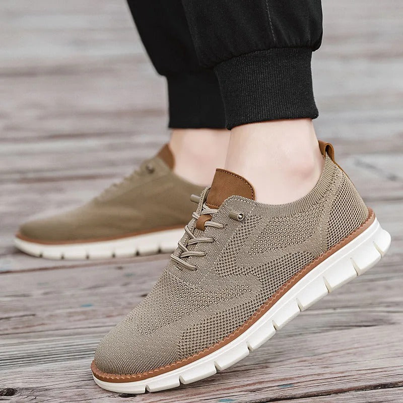 Men's Knit Trainers Lace-Up Contrast Sole - Beige