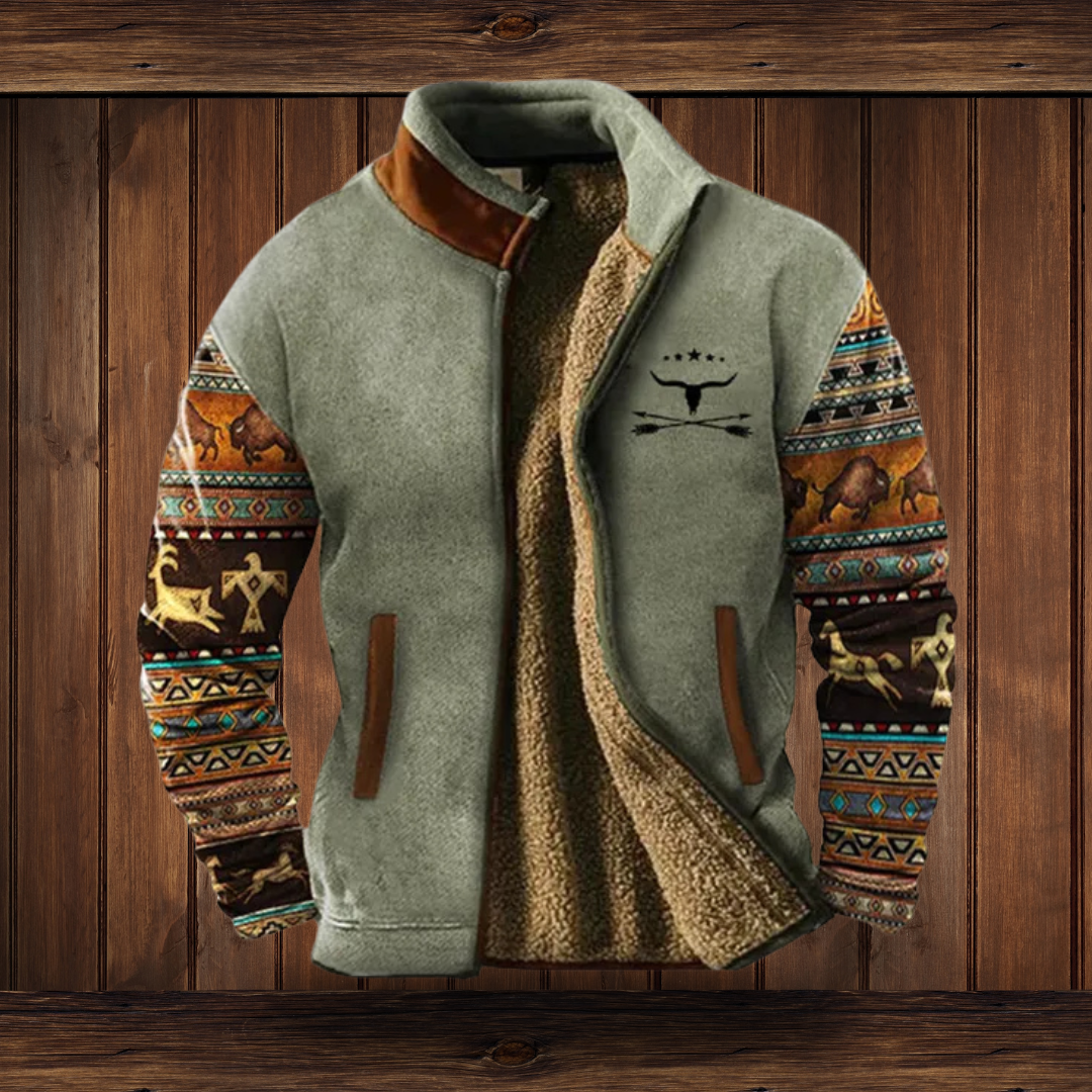 Men's Fleece Jacket Aztec-Sleeve Sherpa-Lined - Grey