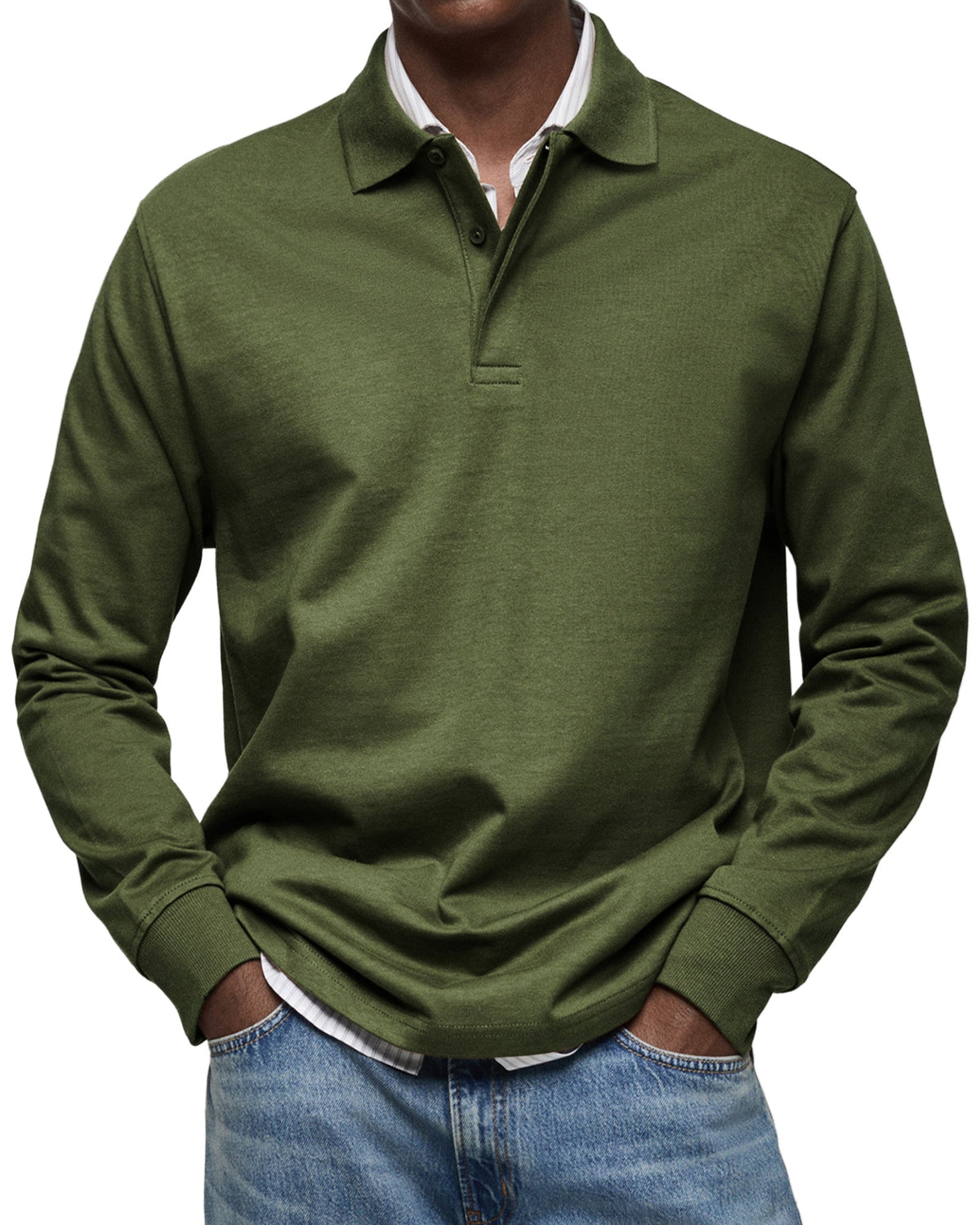 Men's long-sleeve polo jumper with collared neckline and button placket