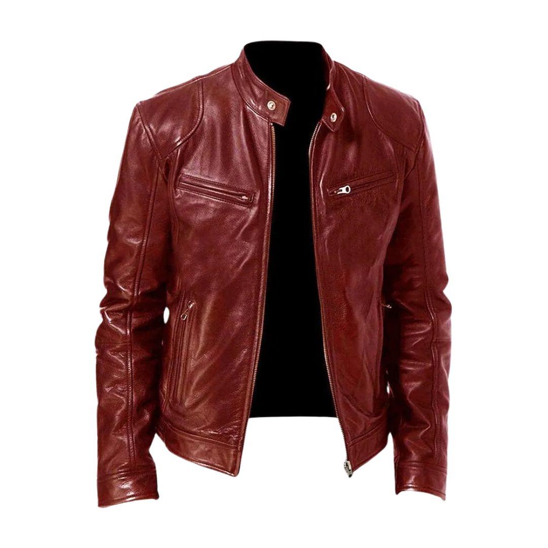 Men's zip-front biker jacket with stand collar and multiple zipped pockets
