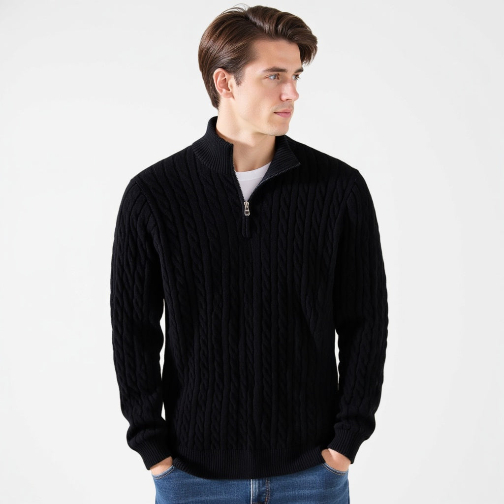 Men's cable knit quarter-zip sweaters in five colours