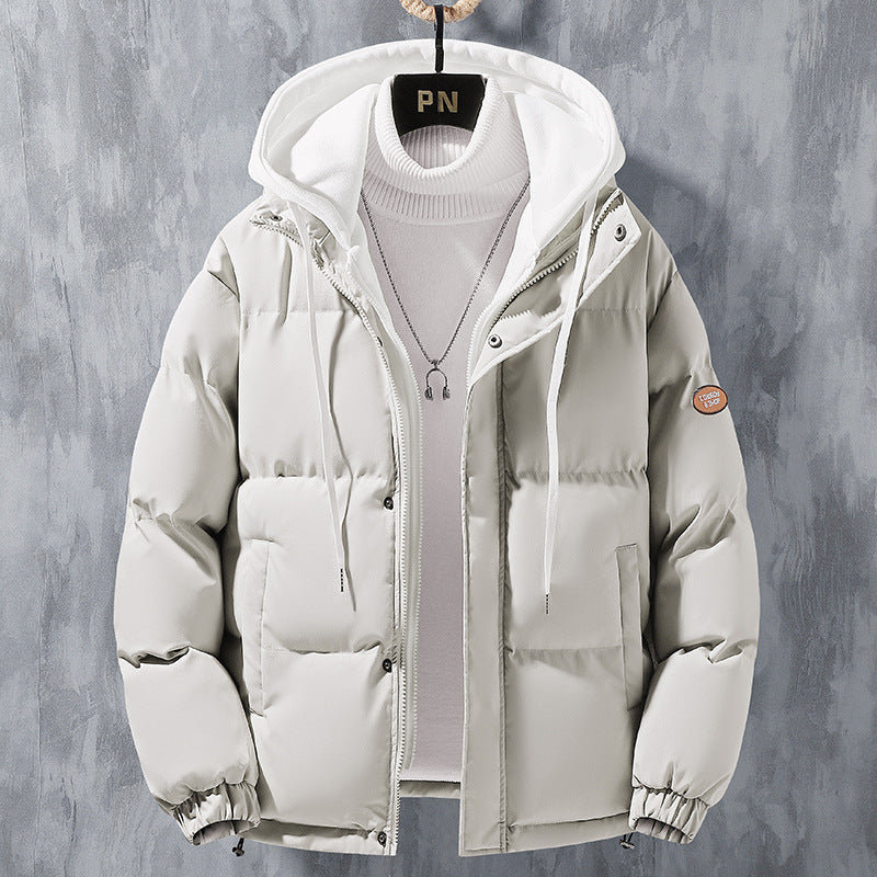 Men's hooded quilted puffer jacket with long sleeves and zip front
