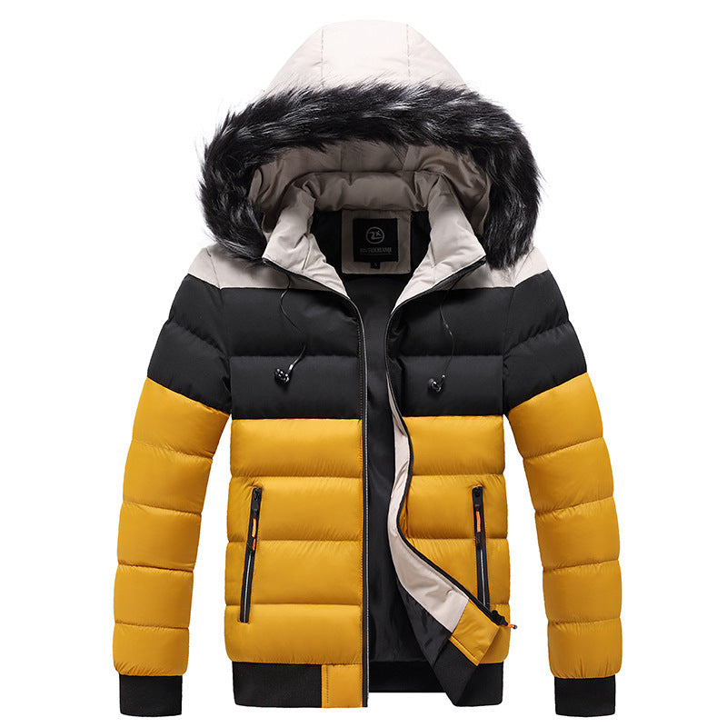 Men's colour-block puffer jacket with fur-trim hood and front zip