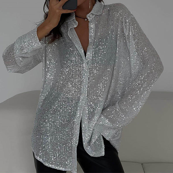 Women's long-sleeve sequin blouse with open collar and button front