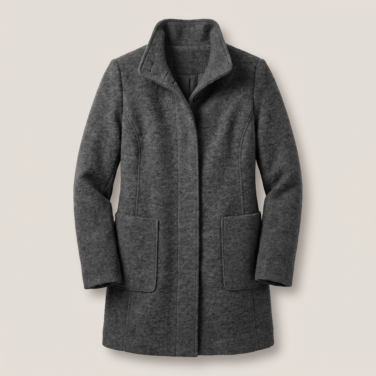 Women's longline coat with raised collar, button front and patch pockets