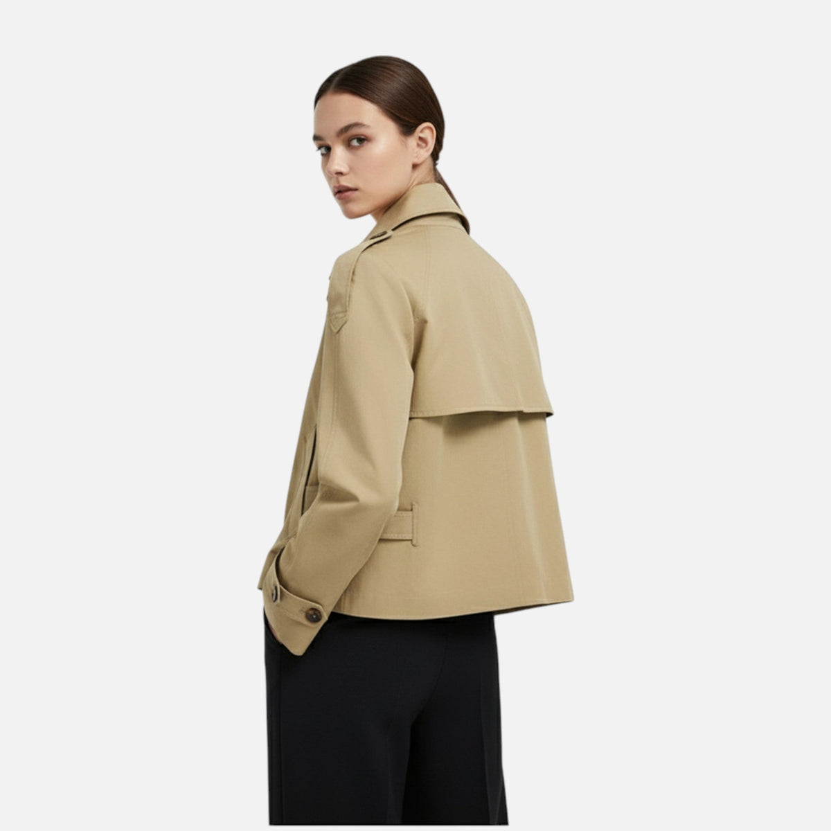 Women's short belted trench jacket with mandarin collar and long sleeves