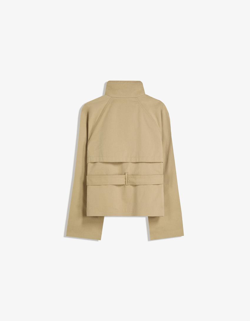 Women's cropped trench jacket with high collar, button front and belted waist