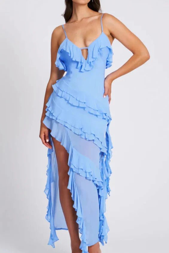 Women's Asymmetrical Ruffle Midi Dress Spaghetti Strap Bodycon Fit | Blue