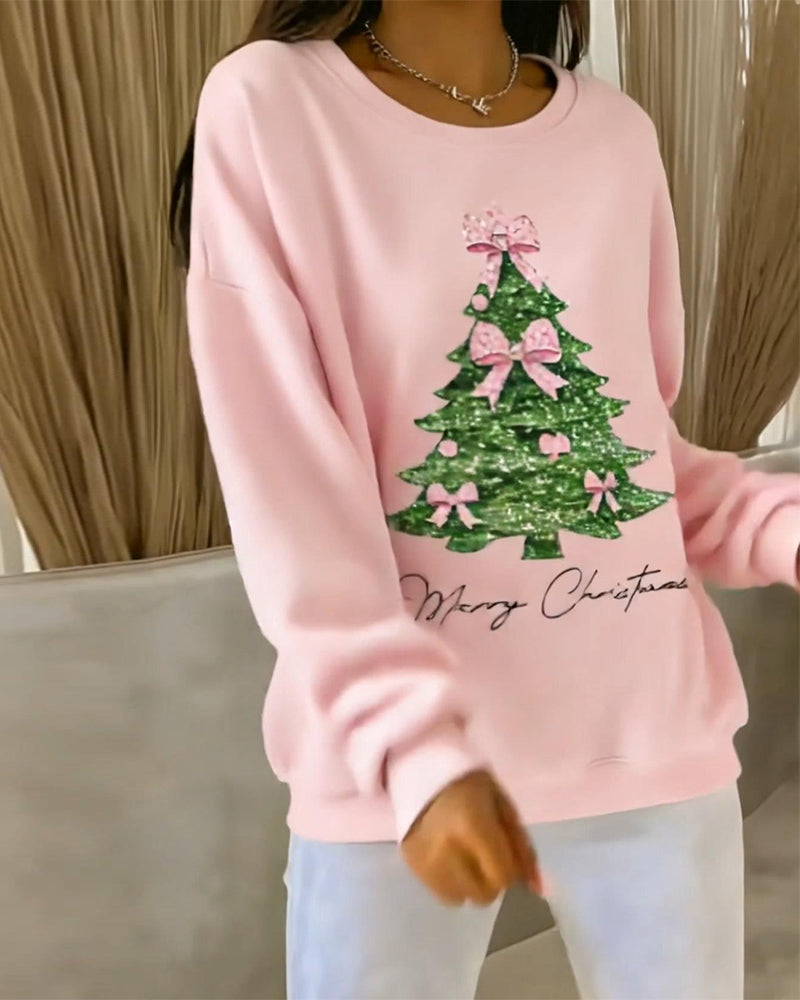 Women's long-sleeve sweatshirt with a decorated Christmas tree and Merry Christmas print