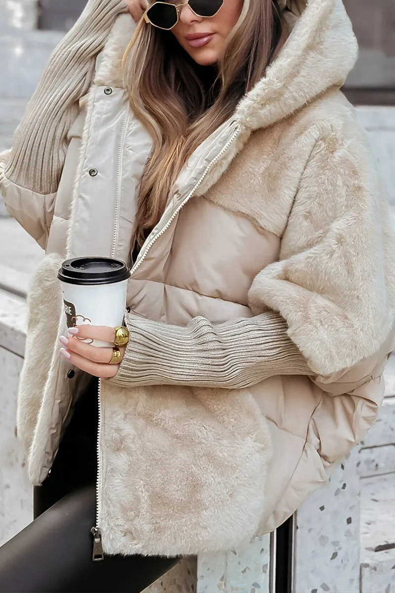 Women's hooded padded jacket with zip front, ribbed cuffs and plush textured trim