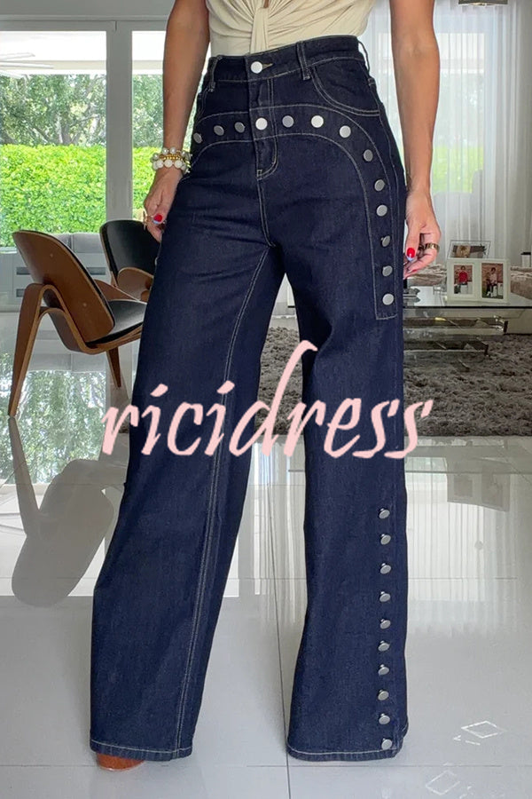 Women's navy high-rise wide leg jeans with silver stud details