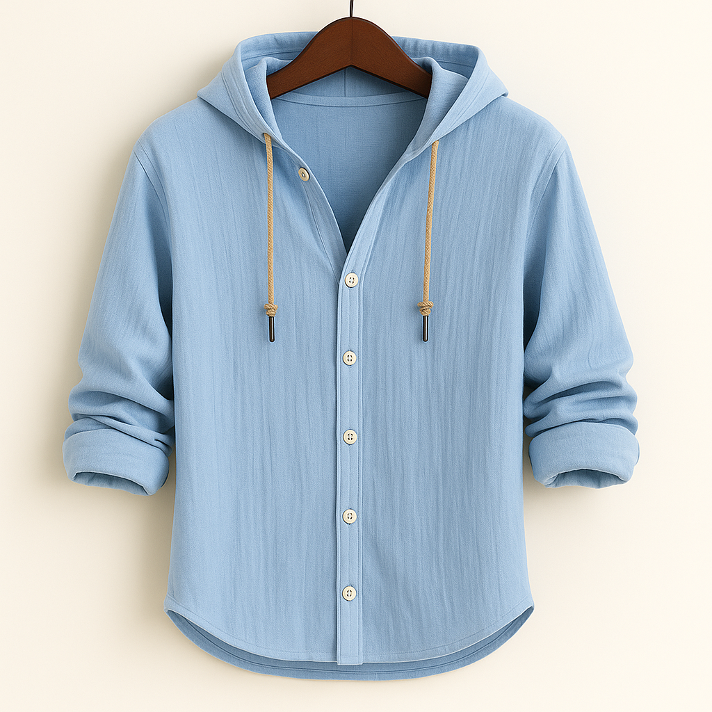 Men's long-sleeved hooded button shirt with drawstrings and curved hem