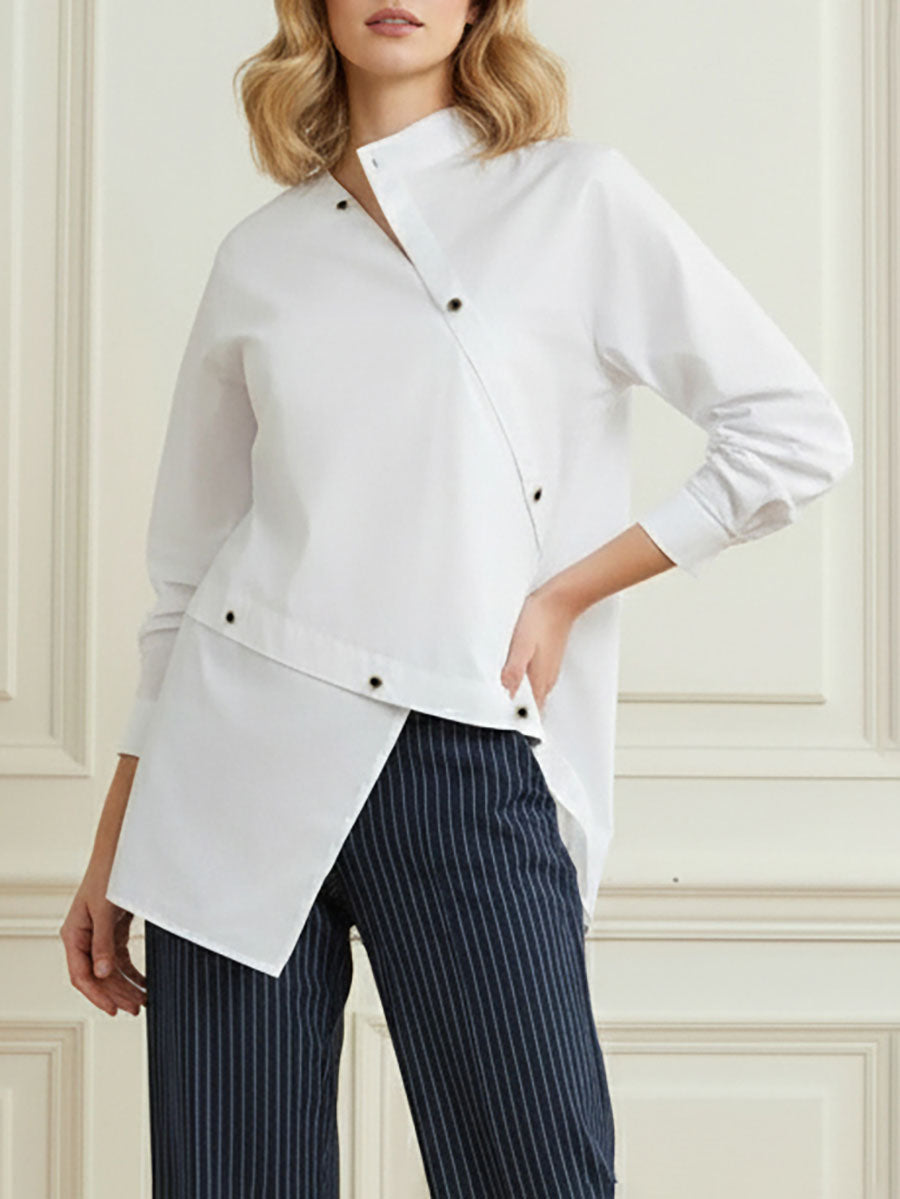 Women's white asymmetric blouse with stand collar and long sleeves