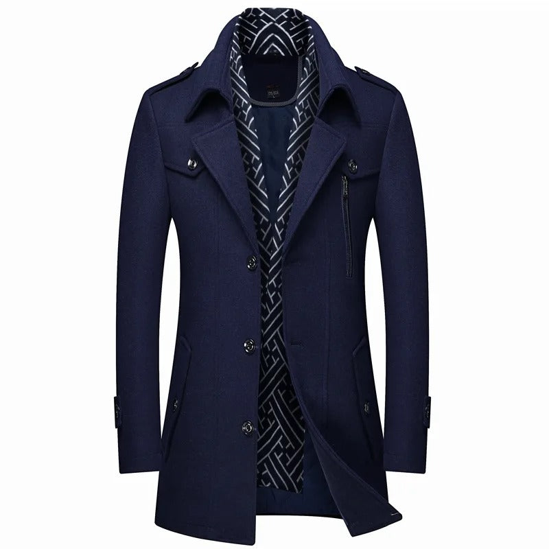 Men's Wool Coat Single-Breasted Notch Lapel - Navy