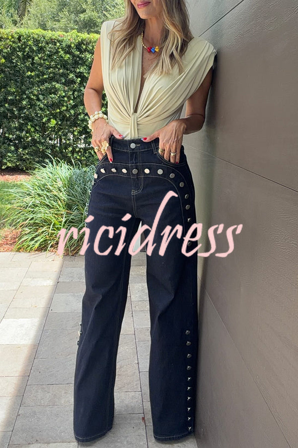 Women's navy high-rise wide leg jeans with silver stud details