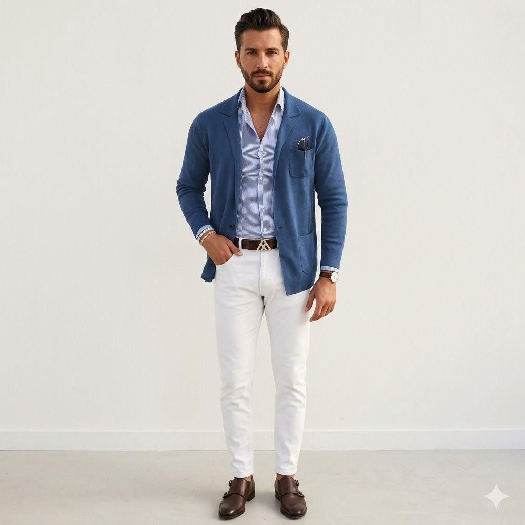 Men's long-sleeve knit blazer with notched lapels and patch pockets