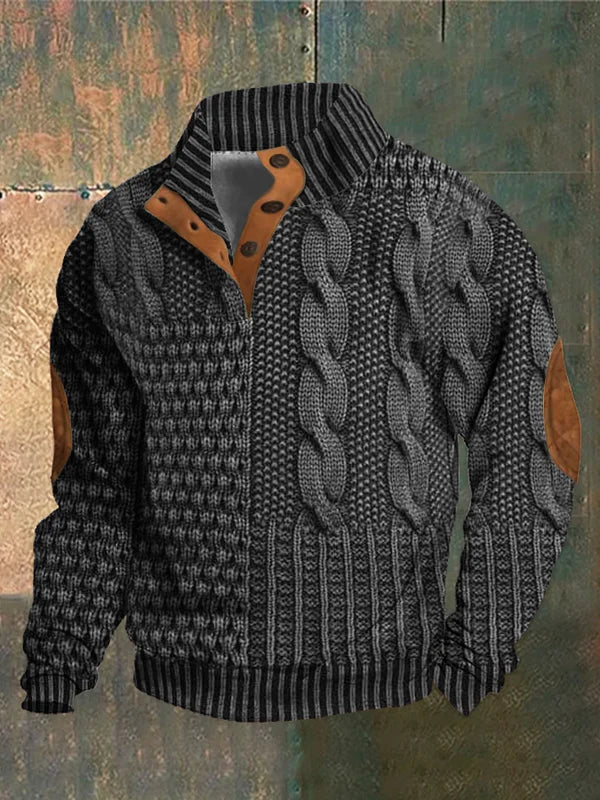 Men's textured cable knit jumper with mock neck, button placket and contrasting elbow patches