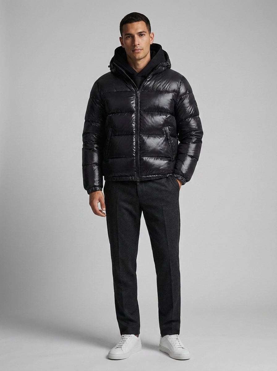 Men's hooded quilted puffer jacket with zip front and pockets