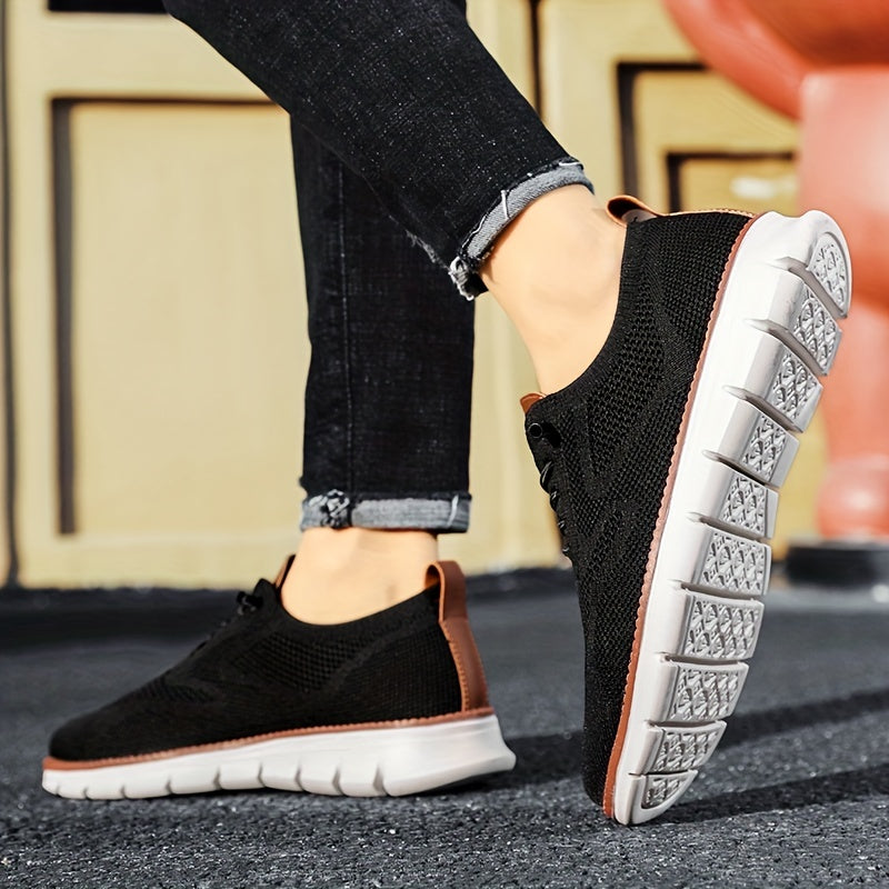 Men's Knit Trainers Lace-Up White Sole - Black