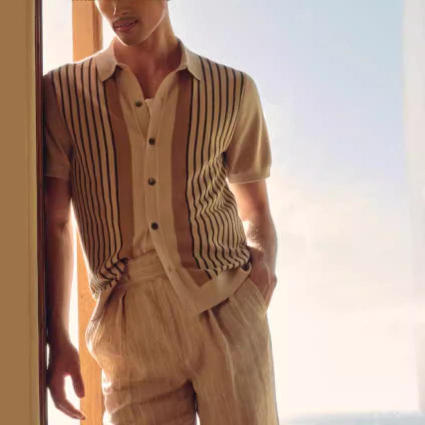 Men's beige knitted polo cardigan with vertical stripes and short sleeves
