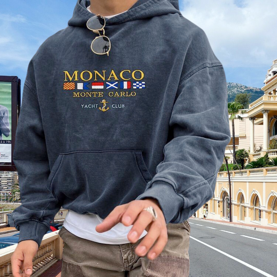 Men's dark grey Monaco graphic pullover hoodie with hood and kangaroo pocket
