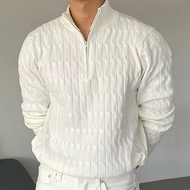 Unisex ribbed half-zip sweater with mock neck and long sleeves