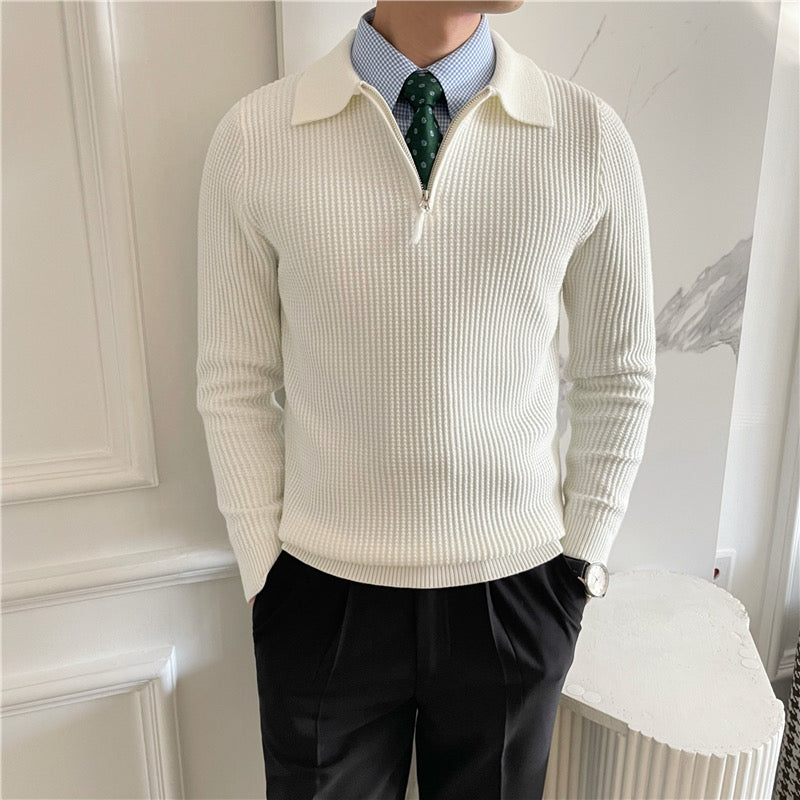 Men's textured collared sweater with half-zip fastening and long sleeves