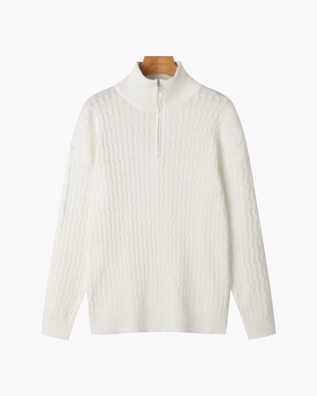 Unisex ribbed half-zip sweater with mock neck and long sleeves