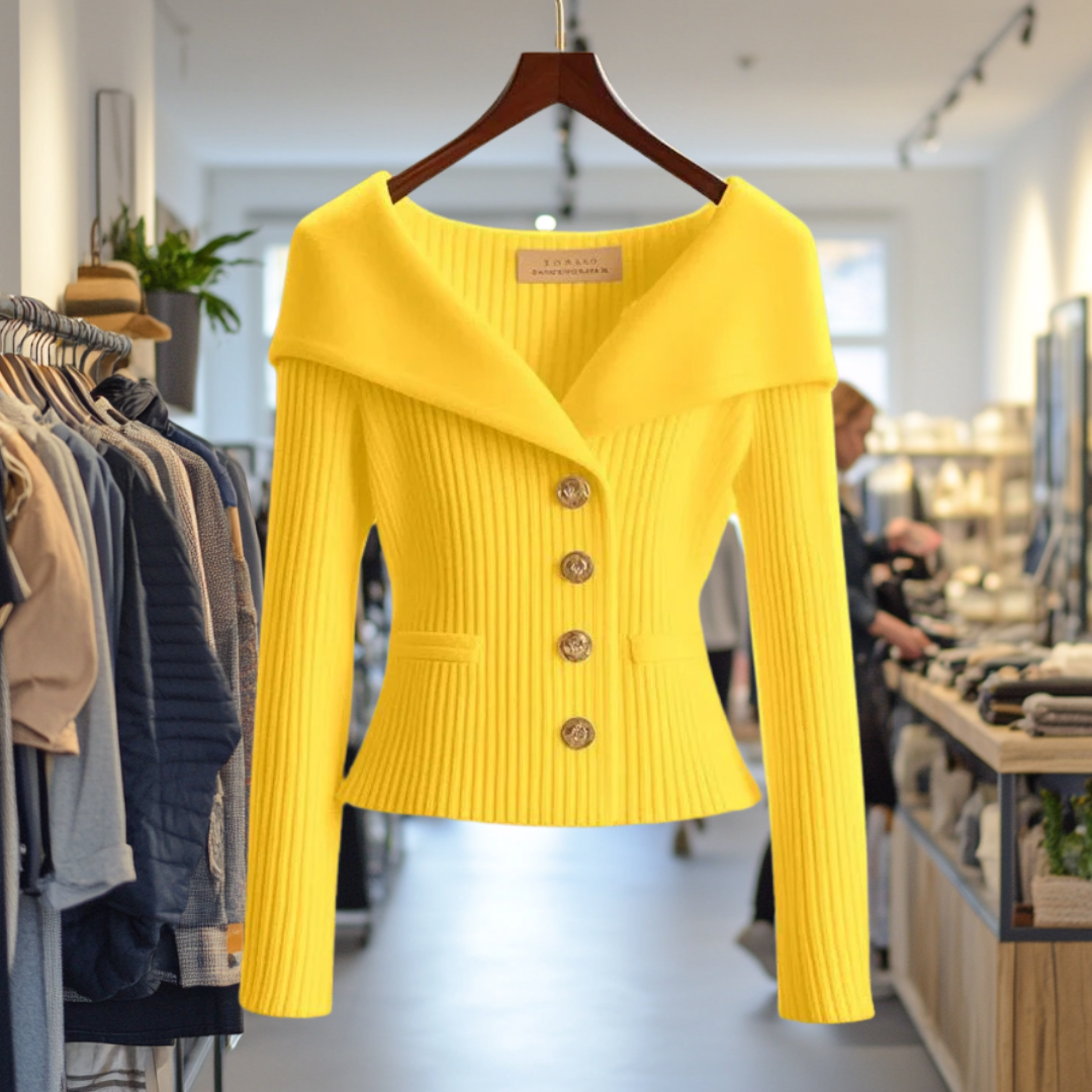 Ribbed women's cardigan with shawl collar, long sleeves and button front