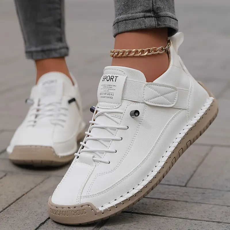 Women's Leather Sneakers Lace-Up Stitch Detail - White