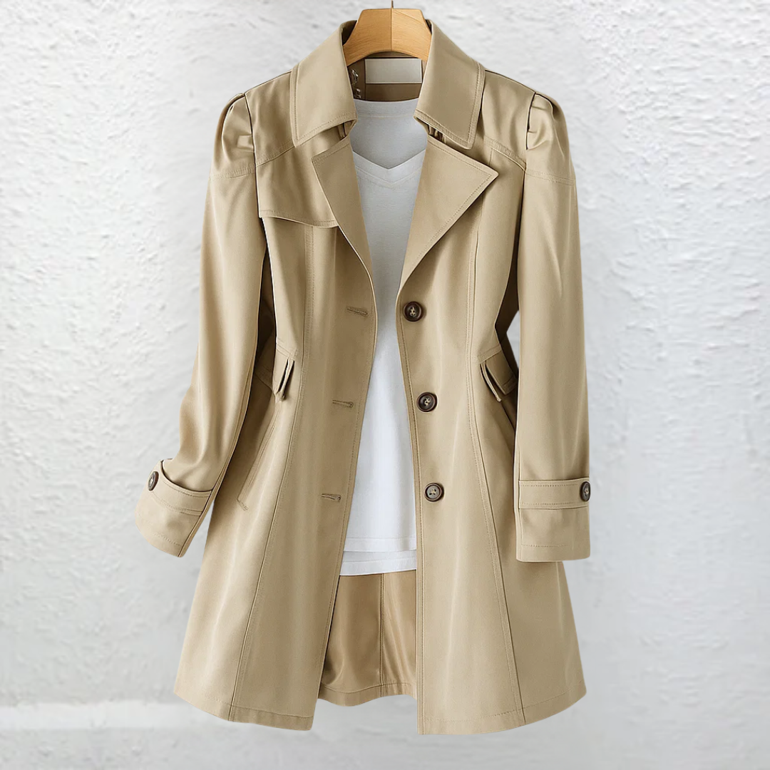 Women's tailored knee-length trench coat with notched lapels and button fastening