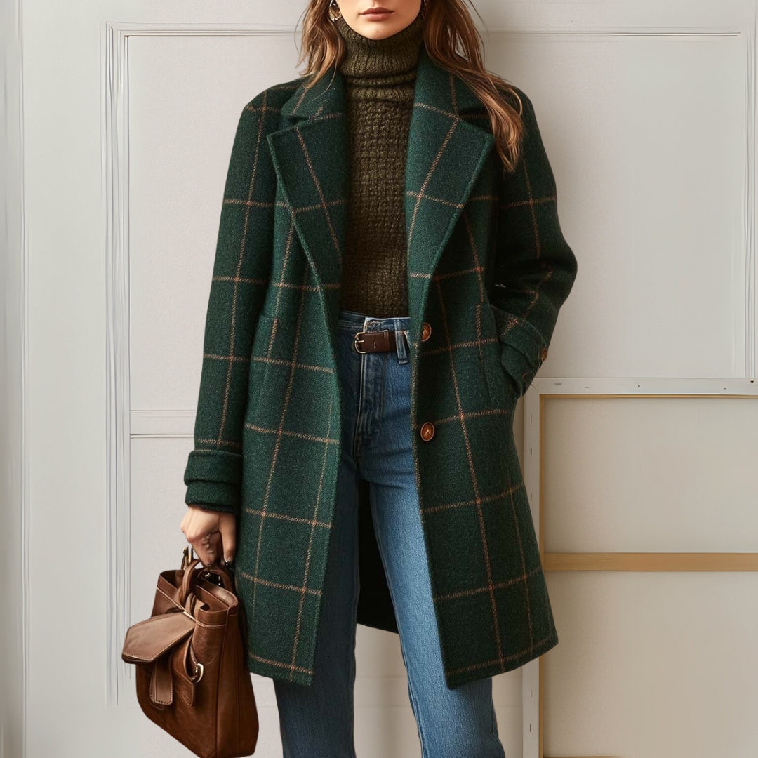 Women's long checked plaid coat with notched lapels and button front