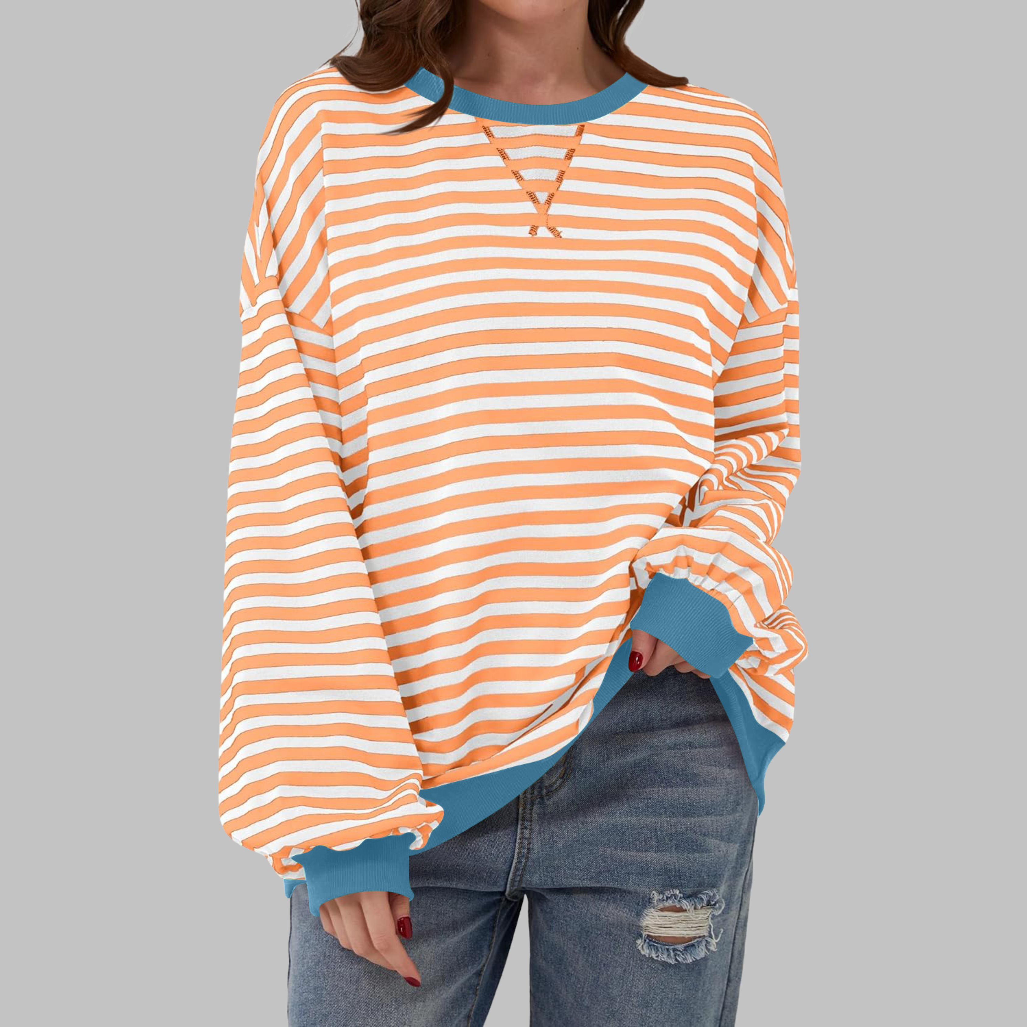 Women's Striped Jumper Long Sleeve Crew Neck - Orange