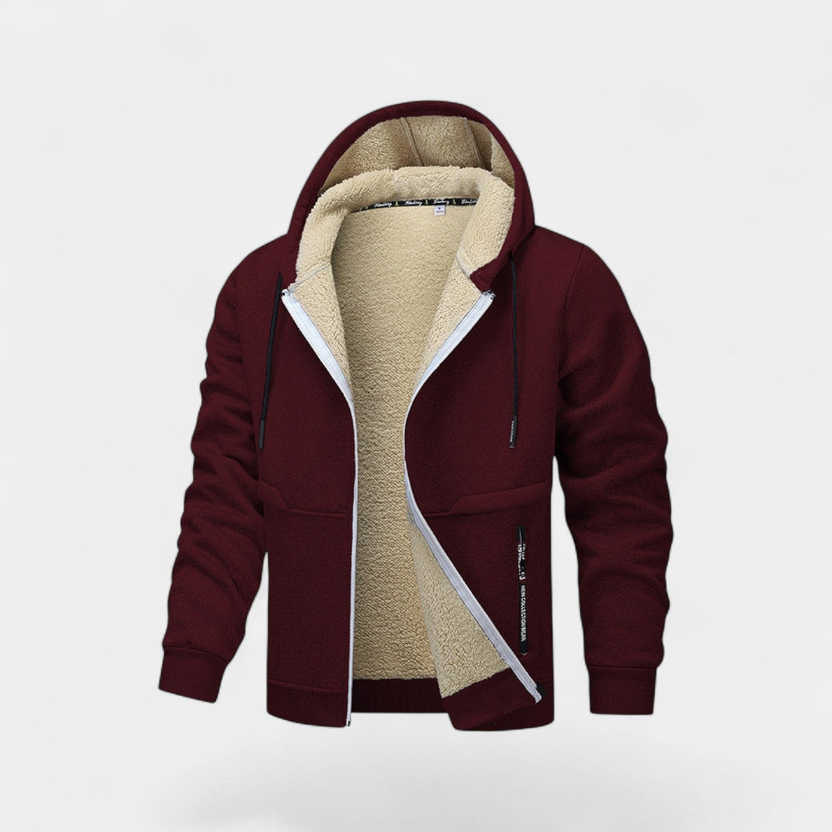 Men's hooded zip cardigan with cream sherpa-style lining and front pockets